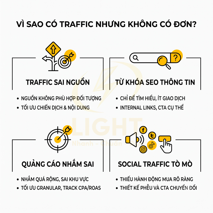 Infographic lý do có traffic nhưng không có đơn, nêu traffic sai nguồn, từ khóa SEO thông tin, quảng cáo nhắm sai, social traffic tò mò
