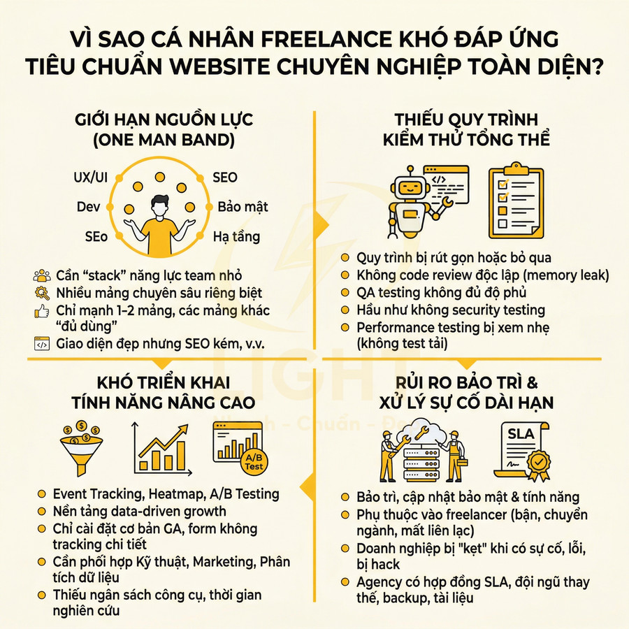 Infographic lý do cá nhân freelance khó đáp ứng tiêu chuẩn website chuyên nghiệp toàn diện, nêu hạn chế nguồn lực và rủi ro bảo trì
