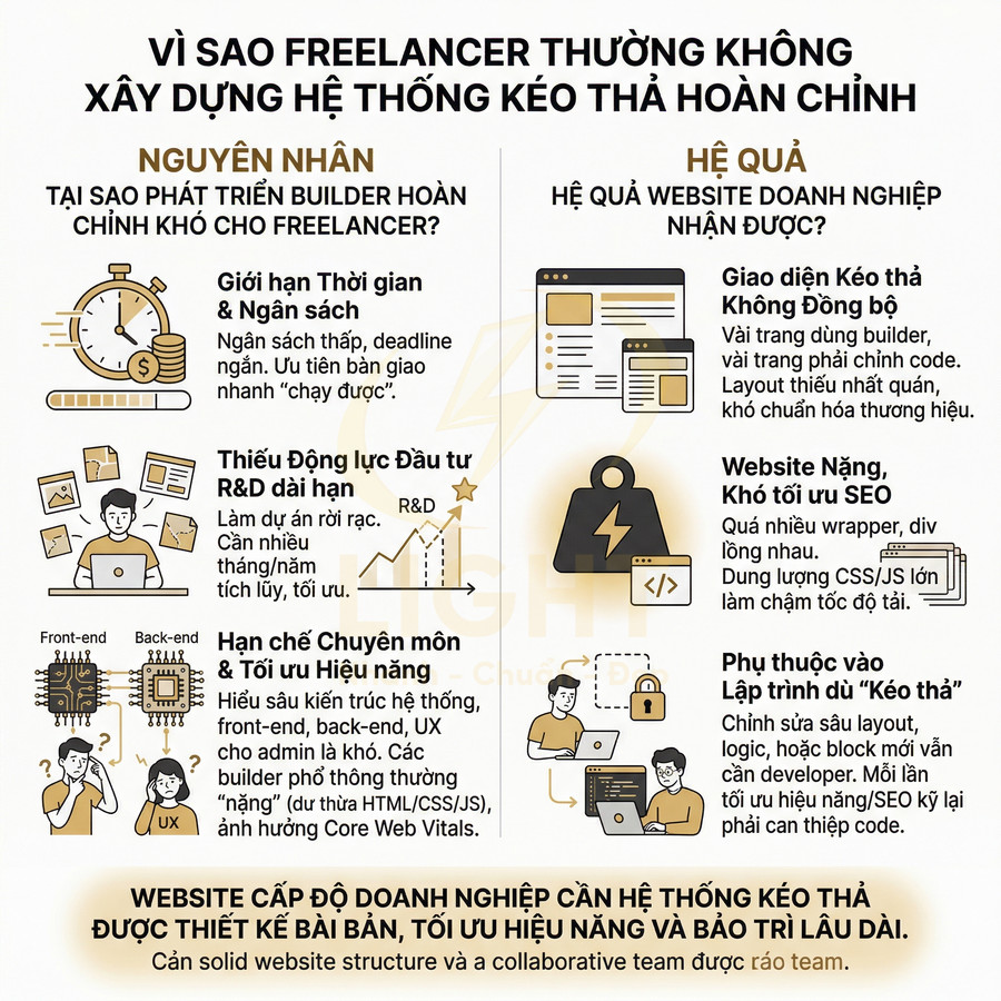 Infographic lý do freelancer khó xây dựng hệ thống kéo thả website hoàn chỉnh và hậu quả cho hiệu suất, SEO doanh nghiệp