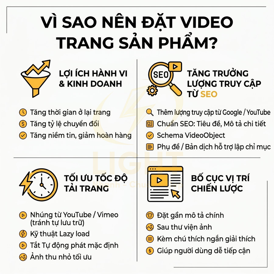 Infographic lý do nên đặt video trên trang sản phẩm với lợi ích SEO, tối ưu tốc độ tải và bố cục hiển thị
