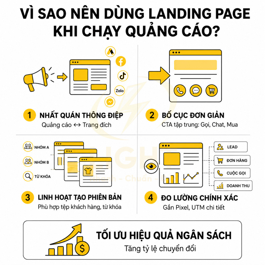 Infographic lý do nên dùng landing page khi chạy quảng cáo để tối ưu ngân sách và tăng tỷ lệ chuyển đổi