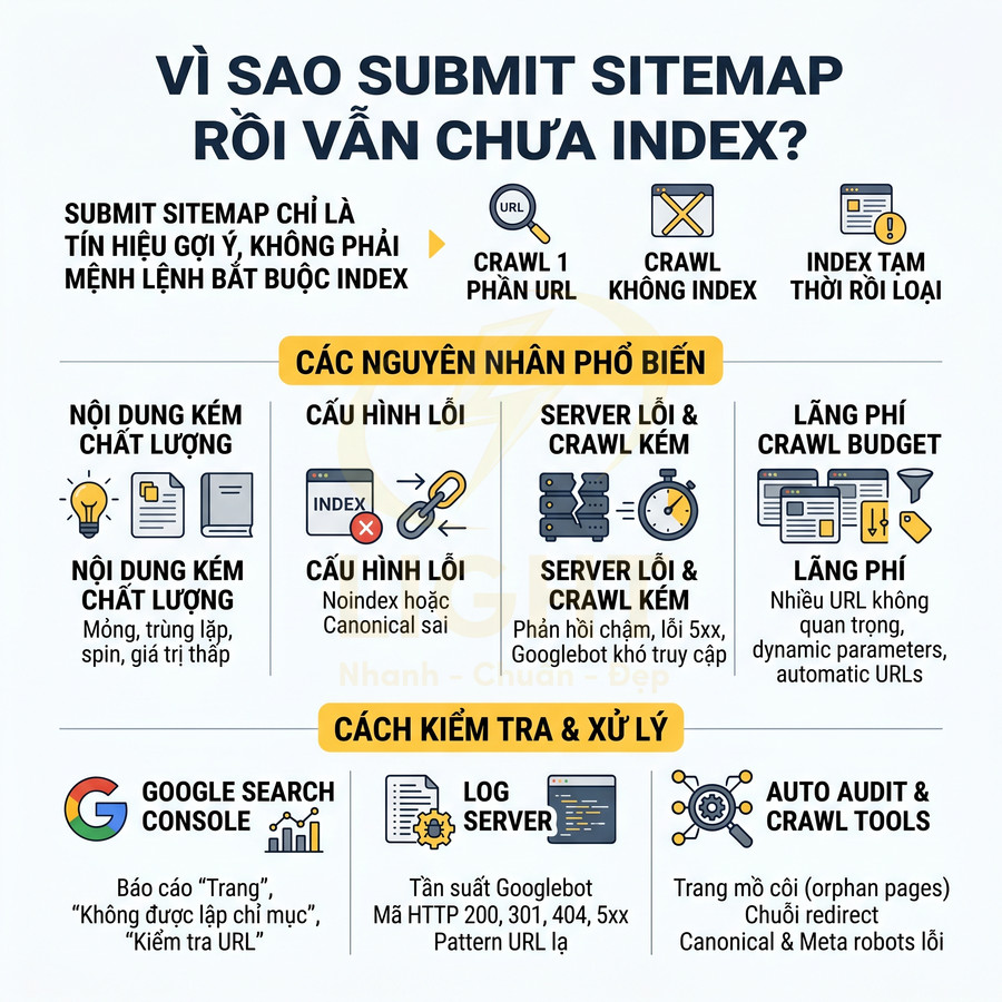 Infographic giải thích lý do submit sitemap nhưng chưa index và cách kiểm tra xử lý lỗi SEO technical