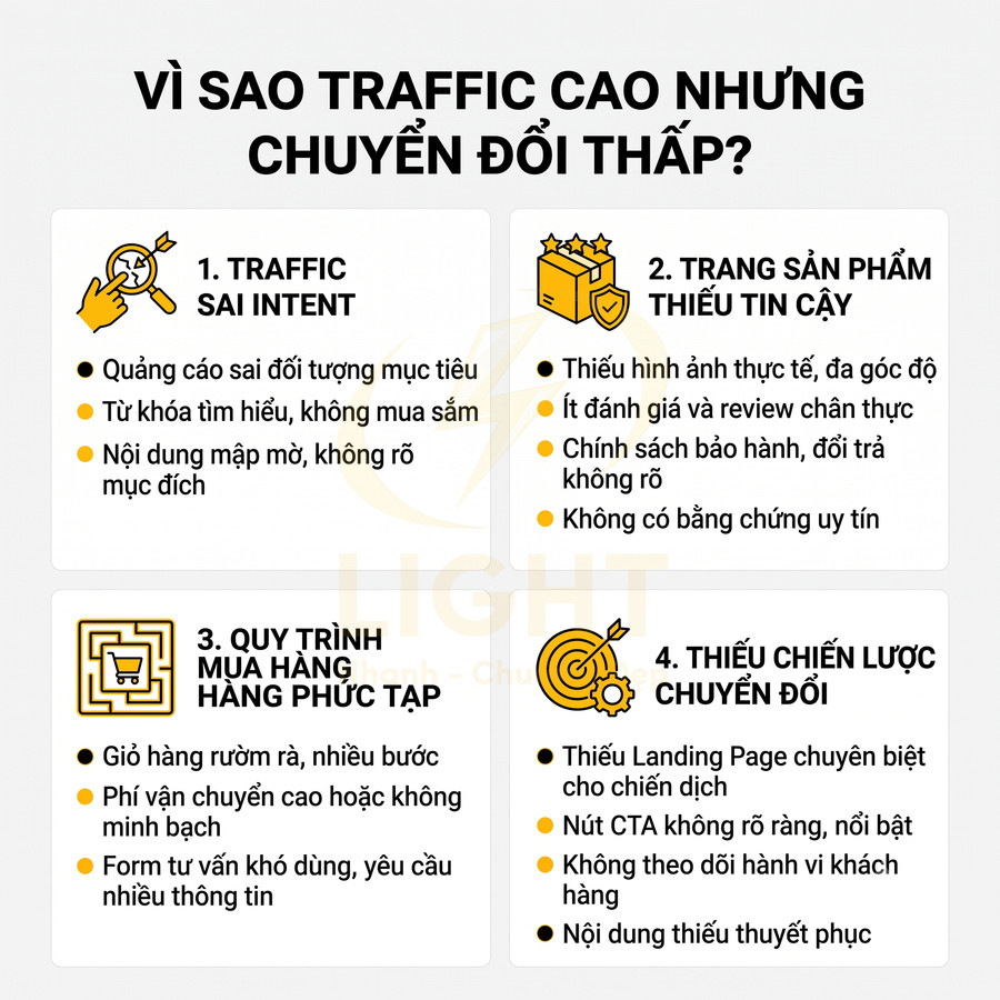 Infographic lý do traffic cao nhưng chuyển đổi thấp với 4 nhóm vấn đề và giải pháp tối ưu chuyển đổi website