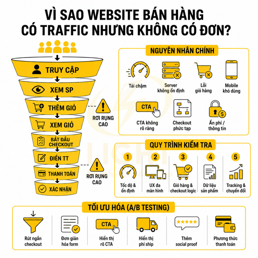 Infographic phễu bán hàng website, nêu nguyên nhân mất đơn và cách tối ưu chuyển đổi, A/B testing cho trang thương mại điện tử