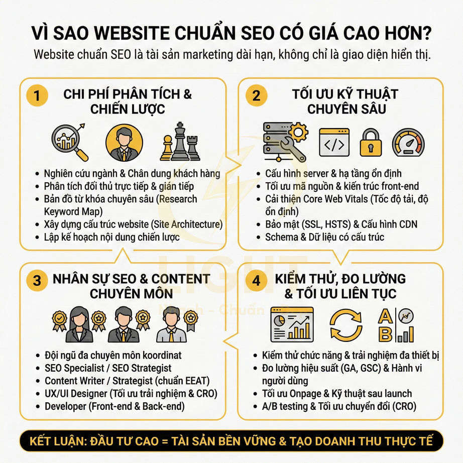 Infographic lý do website chuẩn SEO có giá cao hơn với 4 nhóm yếu tố chi phí và kết luận về giá trị lâu dài