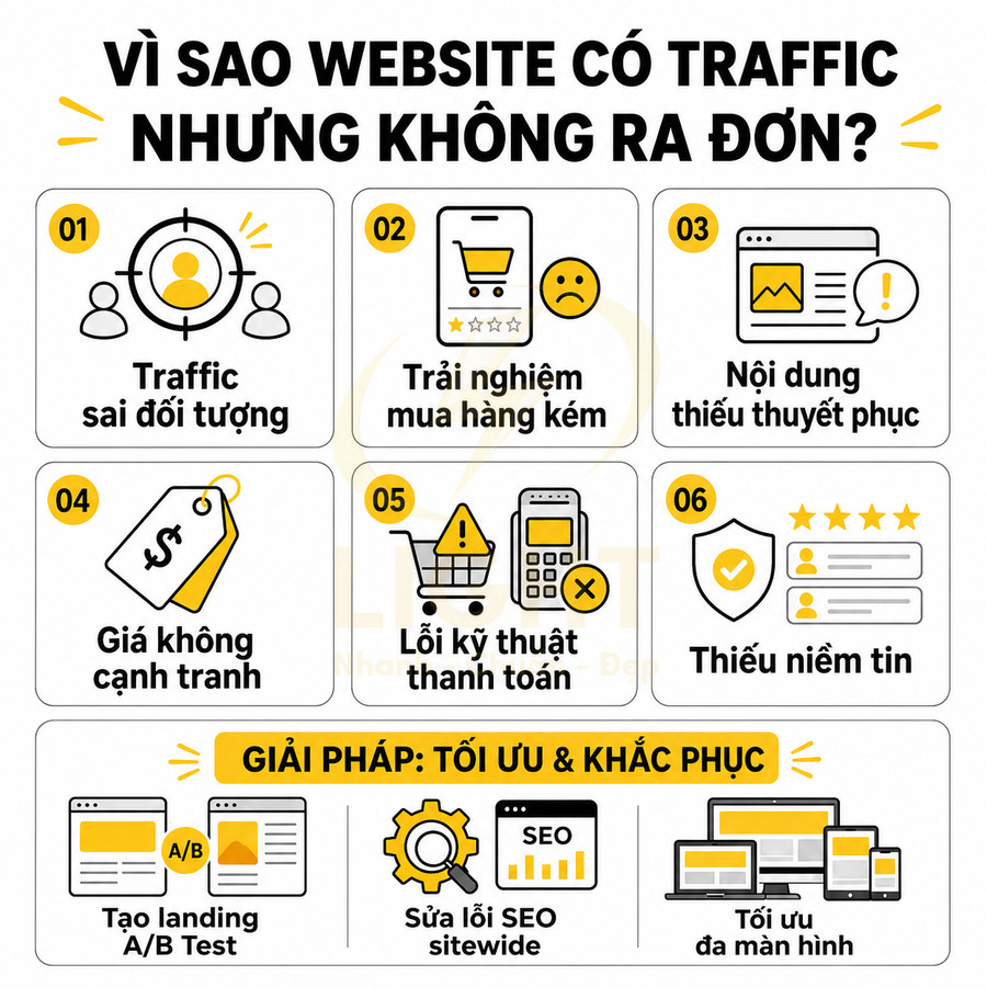 Infographic lý do website có traffic nhưng không ra đơn và giải pháp tối ưu chuyển đổi bán hàng