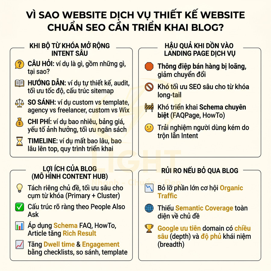 Infographic lý do website dịch vụ thiết kế website chuẩn SEO cần triển khai blog và lợi ích content hub