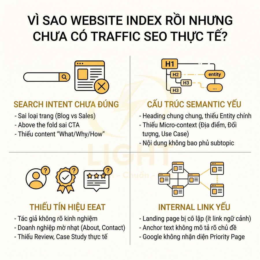 Lý do website đã index nhưng chưa có traffic SEO thực tế và các lỗi thường gặp về intent, semantic, EEAT, internal link