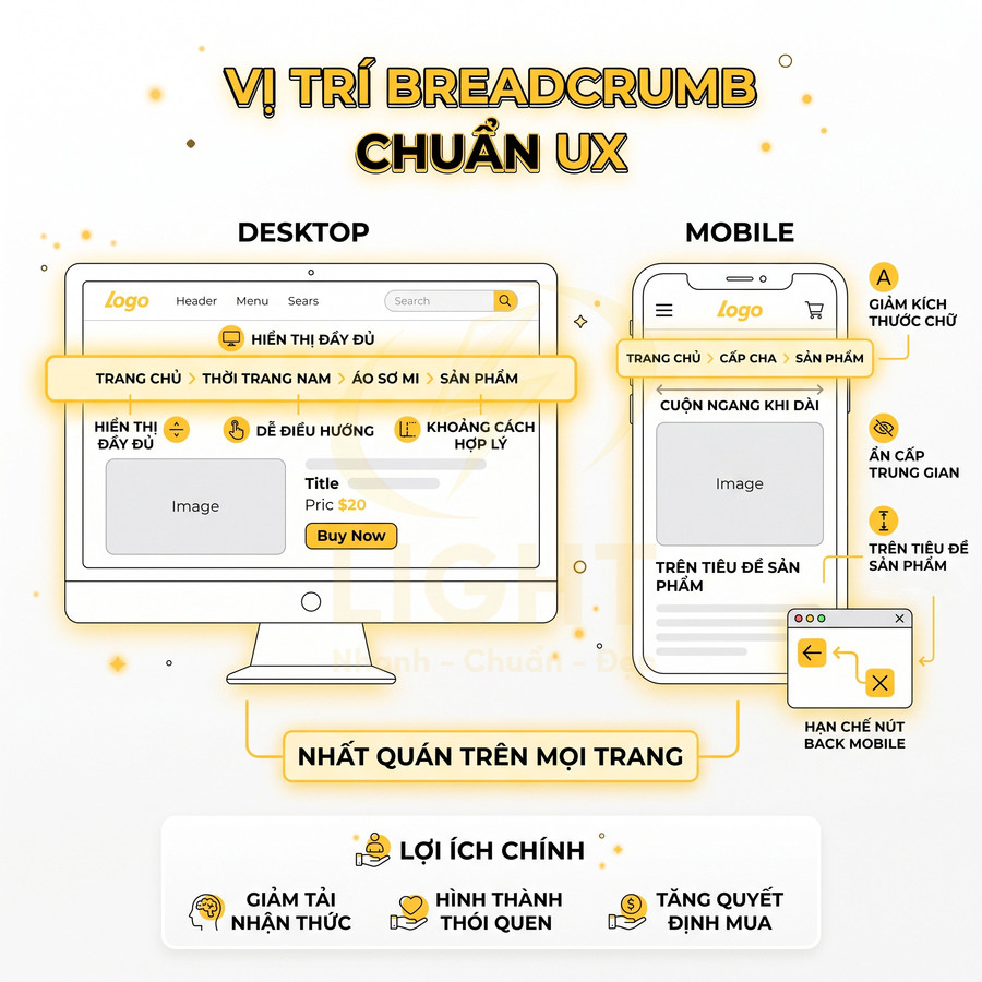 Hướng dẫn vị trí breadcrumb chuẩn UX trên giao diện desktop và mobile cho trang sản phẩm thương mại điện tử