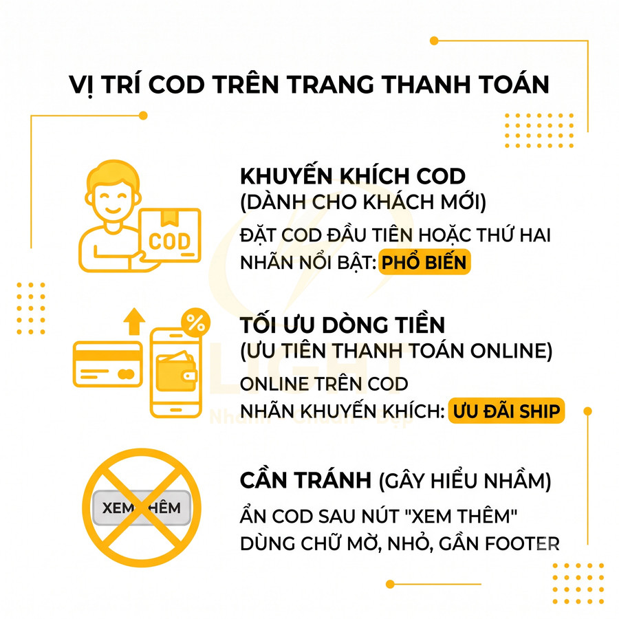 Hướng dẫn bố trí phương thức thanh toán COD trên trang checkout để khuyến khích khách mới và tối ưu dòng tiền