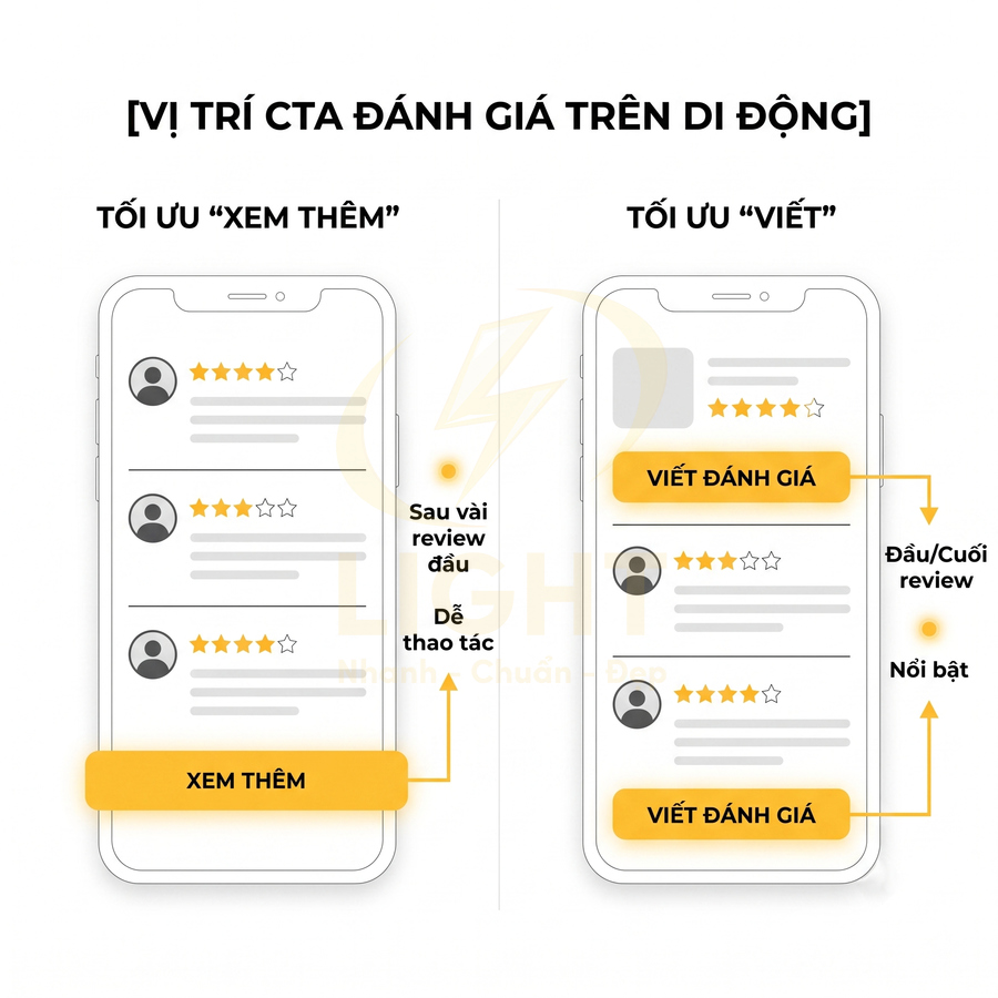 Giao diện di động hiển thị danh sách đánh giá sao với nút CTA xem thêm và viết đánh giá màu vàng nổi bật