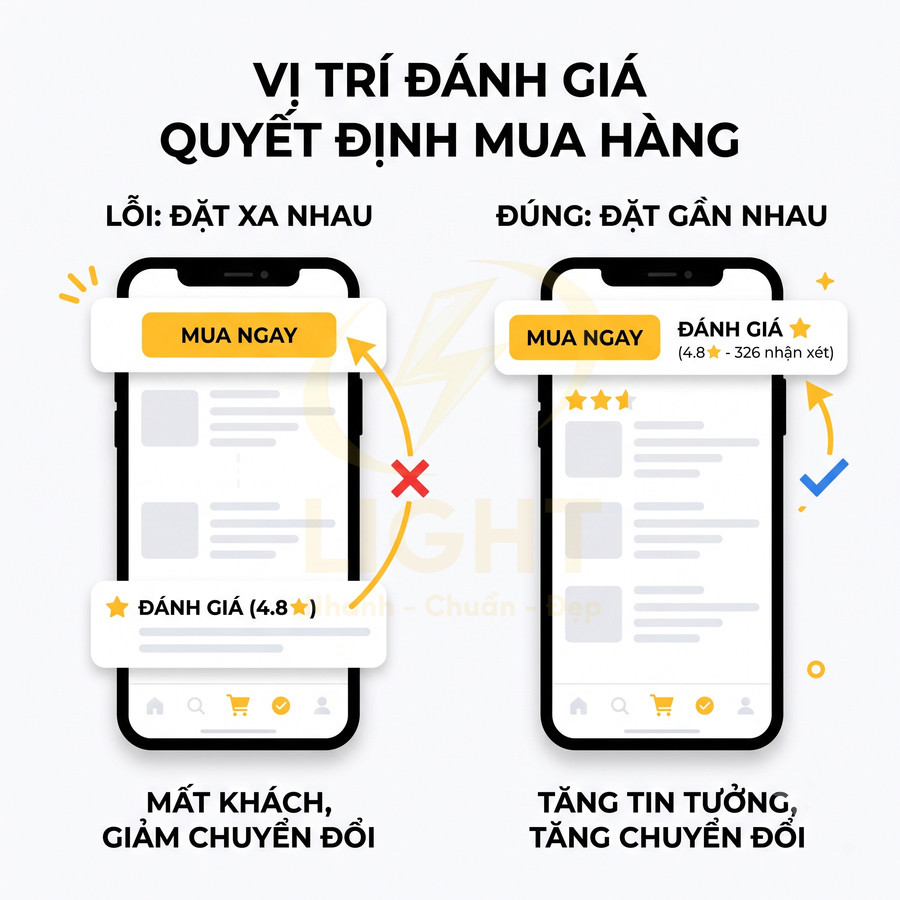 Giao diện app mua sắm so sánh vị trí nút mua ngay và đánh giá sản phẩm để tăng chuyển đổi