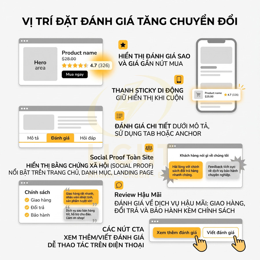 Hướng dẫn bố trí đánh giá sao và review trên giao diện website, tối ưu vị trí để tăng chuyển đổi bán hàng