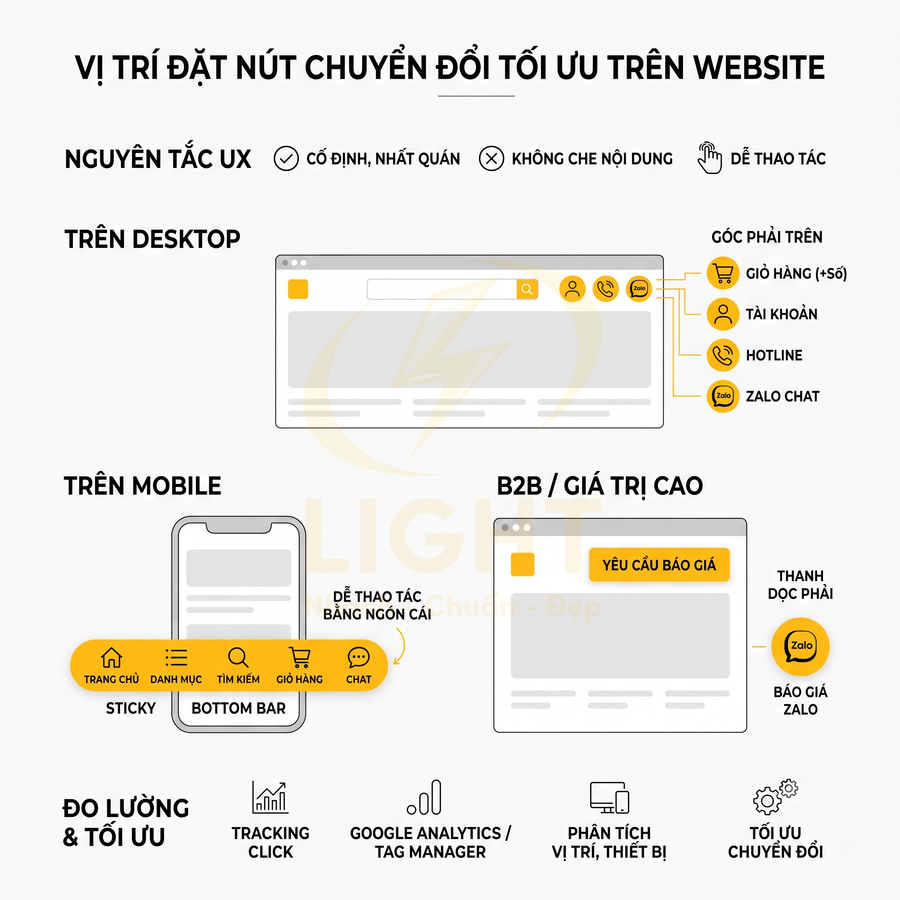 Hướng dẫn vị trí đặt nút chuyển đổi màu vàng tối ưu trên website desktop và mobile để tăng tỷ lệ chuyển đổi