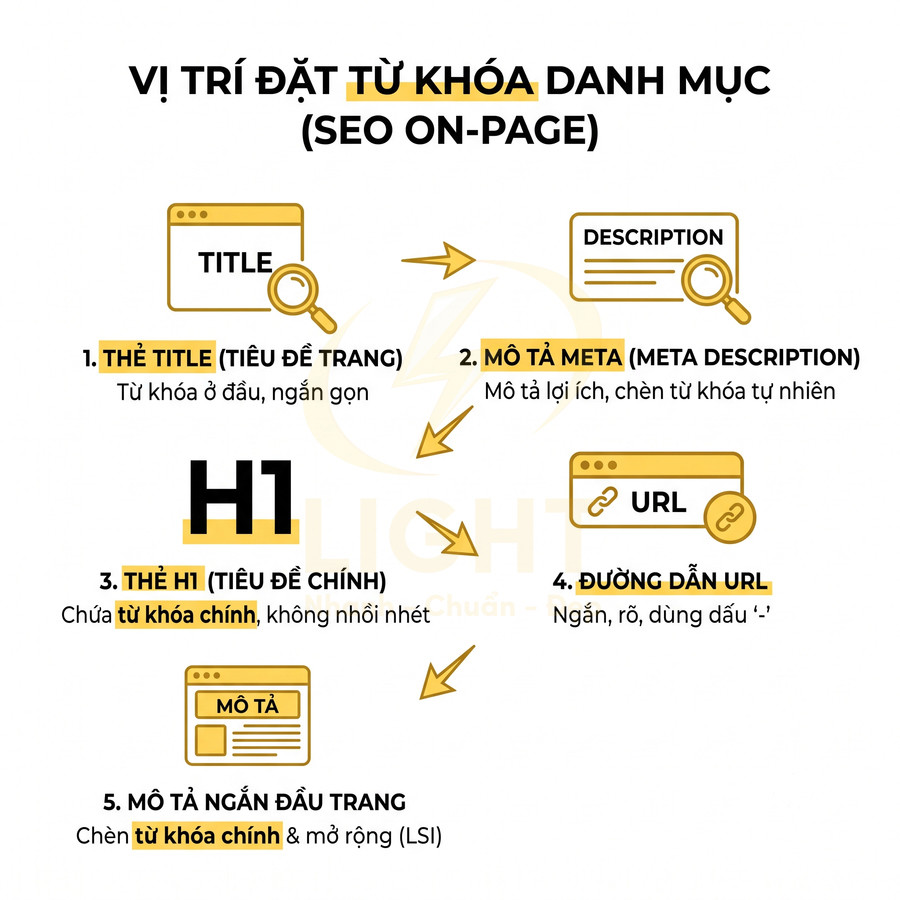 Hướng dẫn vị trí đặt từ khóa danh mục SEO onpage gồm thẻ title, meta description, H1, URL và mô tả ngắn