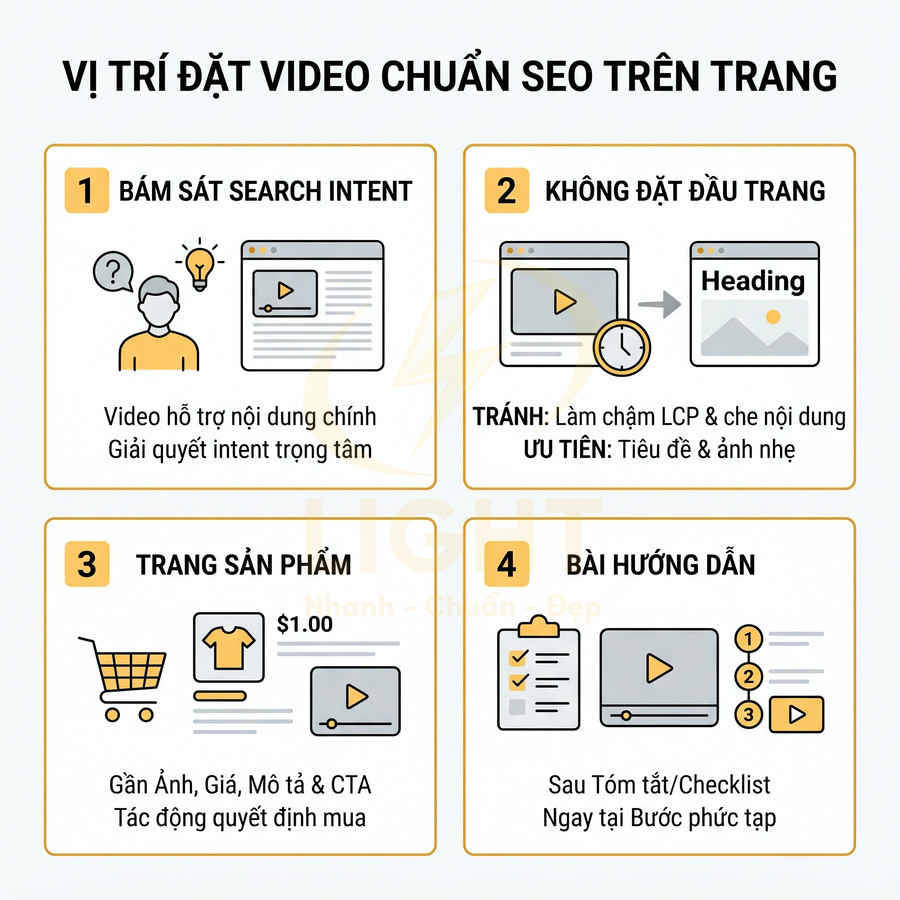 Hướng dẫn vị trí đặt video chuẩn SEO trên trang với 4 mục: search intent, không đặt đầu trang, trang sản phẩm, bài hướng dẫn