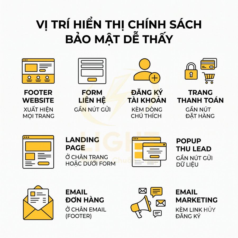 Các vị trí hiển thị chính sách bảo mật dễ thấy trên website và email marketing