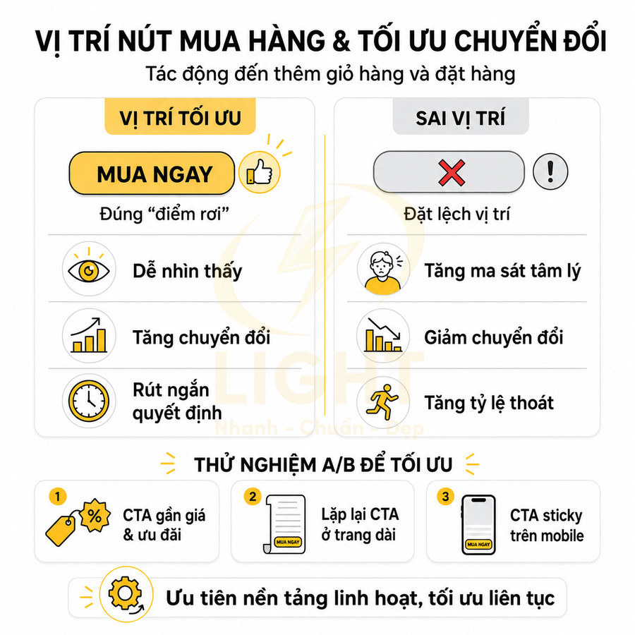Hướng dẫn vị trí nút mua ngay và CTA tối ưu chuyển đổi trên giao diện website bán hàng