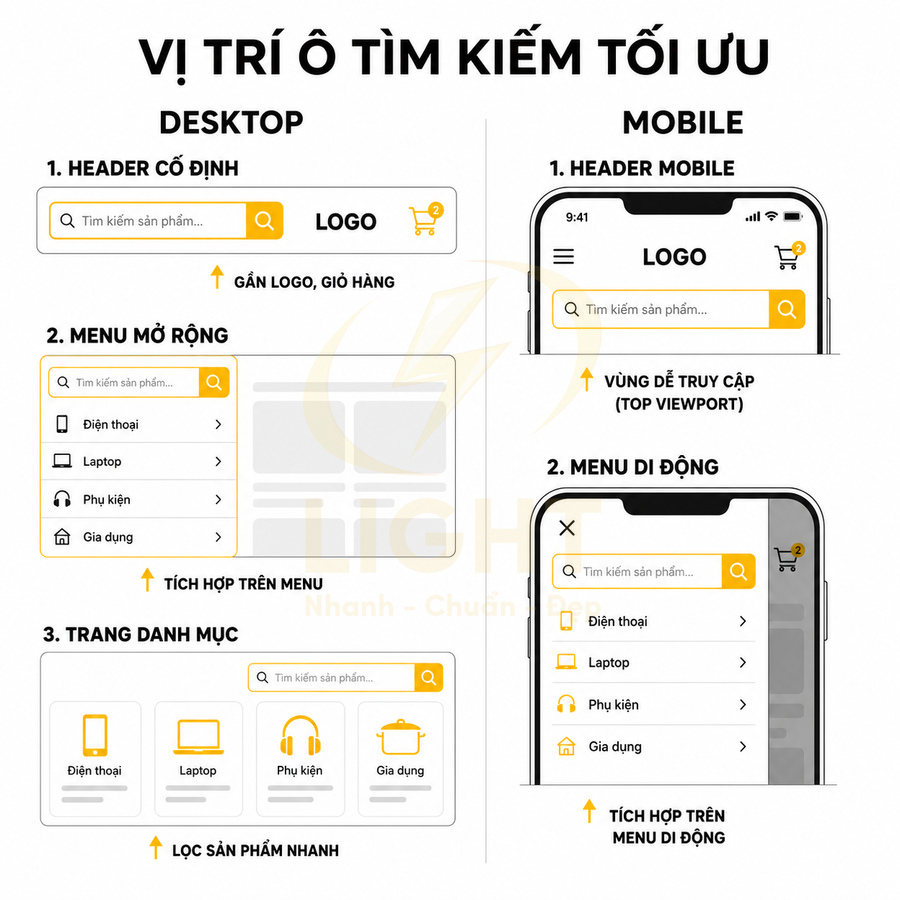 Hướng dẫn vị trí ô tìm kiếm tối ưu trên giao diện website và app mobile cho trang thương mại điện tử