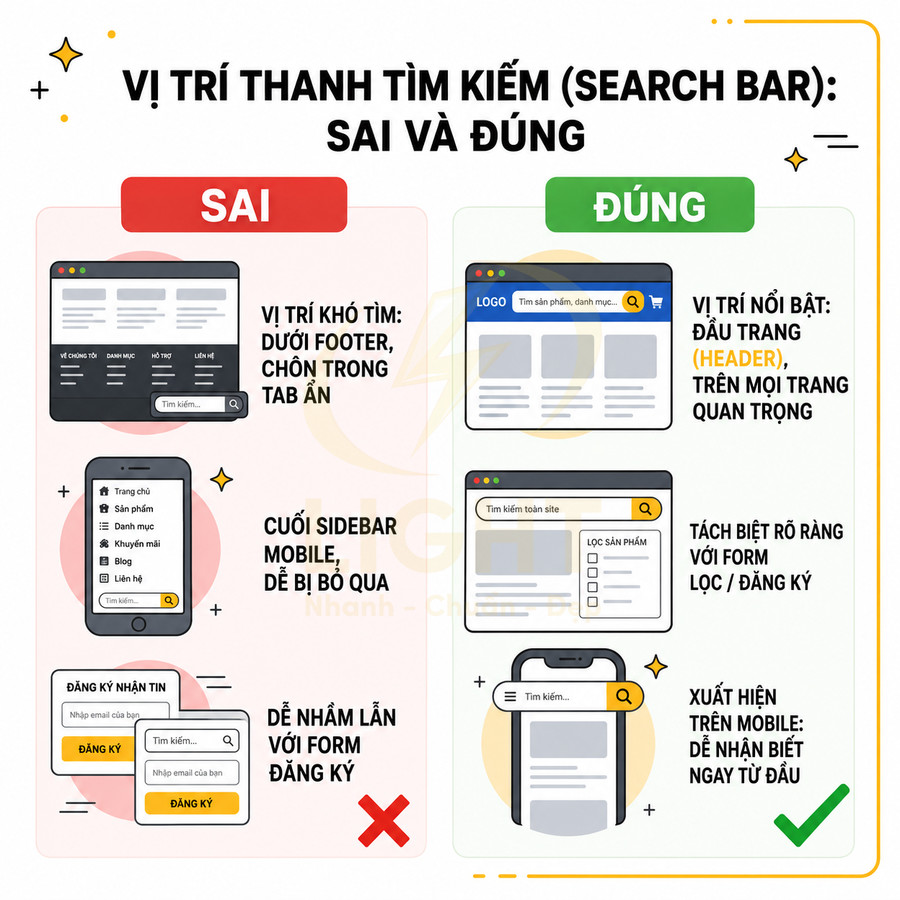 Hướng dẫn vị trí đặt thanh tìm kiếm trên website với ví dụ sai và đúng, nhấn mạnh đặt search bar ở header dễ thấy