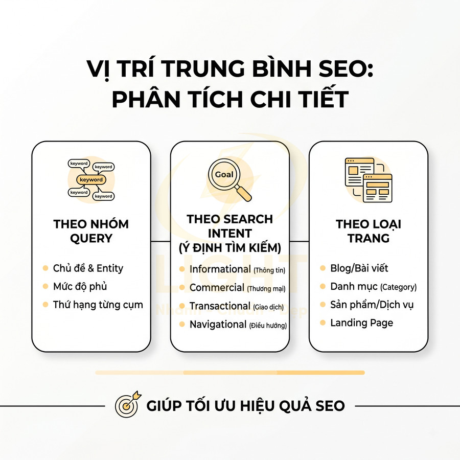 Infographic phân tích vị trí trung bình SEO theo nhóm query, search intent và loại trang để tối ưu hiệu quả SEO