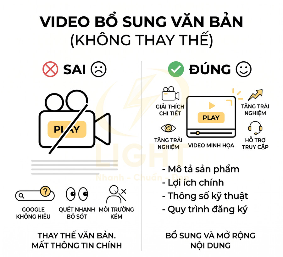 Hướng dẫn dùng video minh họa để bổ sung văn bản mô tả sản phẩm và lợi ích thay vì thay thế hoàn toàn nội dung chữ