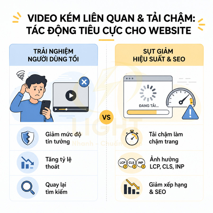 Infographic tác động tiêu cực của video kém liên quan và tải chậm đến trải nghiệm người dùng và hiệu suất SEO website