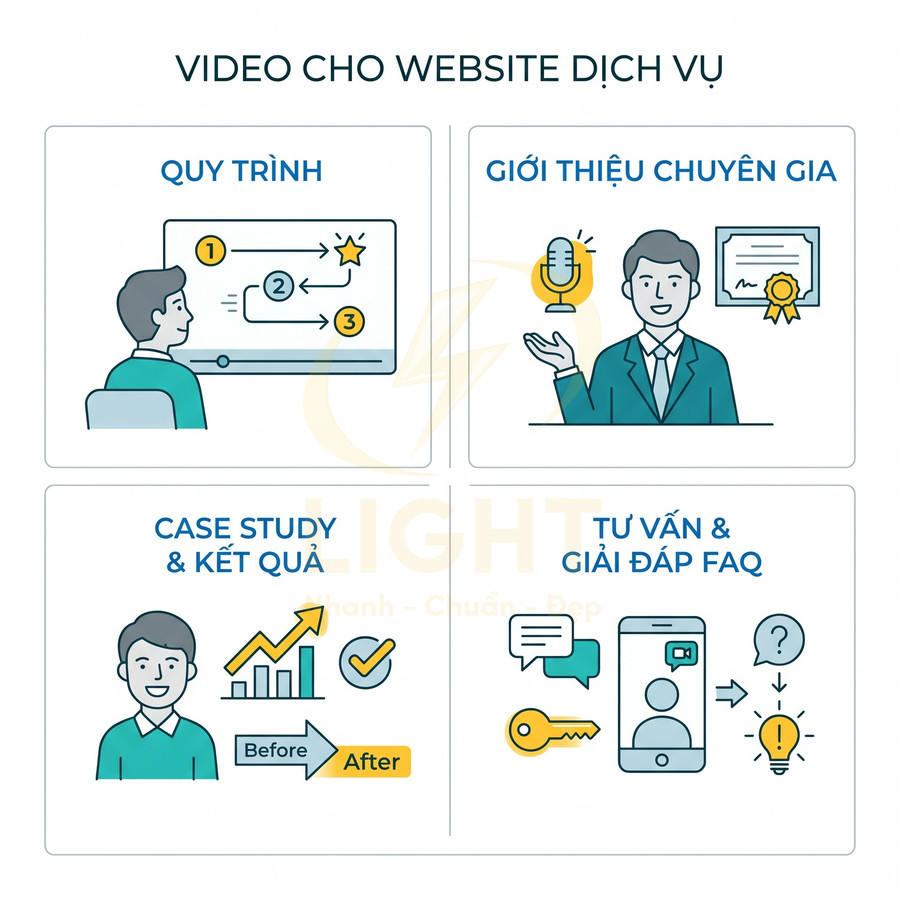 Minh họa các dạng video cho website dịch vụ gồm quy trình, giới thiệu chuyên gia, case study và tư vấn FAQ