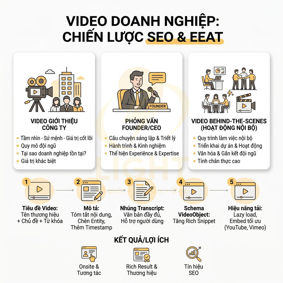 Infographic chiến lược SEO EEAT với các loại video doanh nghiệp và quy trình tối ưu nội dung video