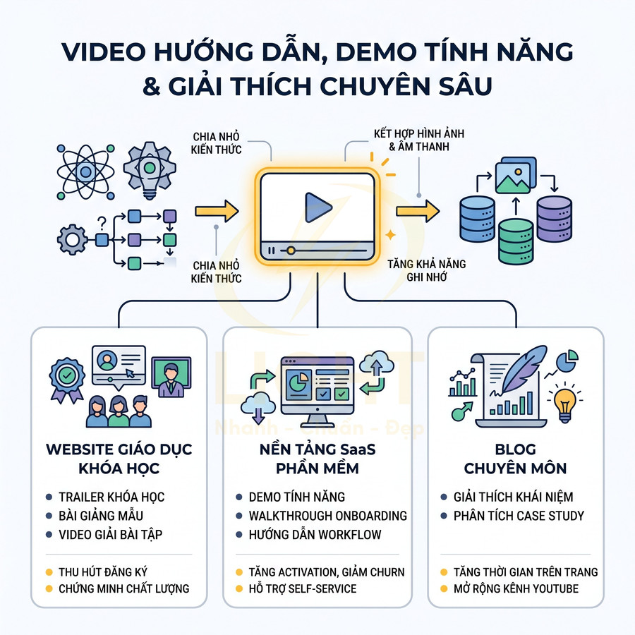 Infographic lợi ích video hướng dẫn demo tính năng cho website giáo dục nền tảng SaaS và blog chuyên môn