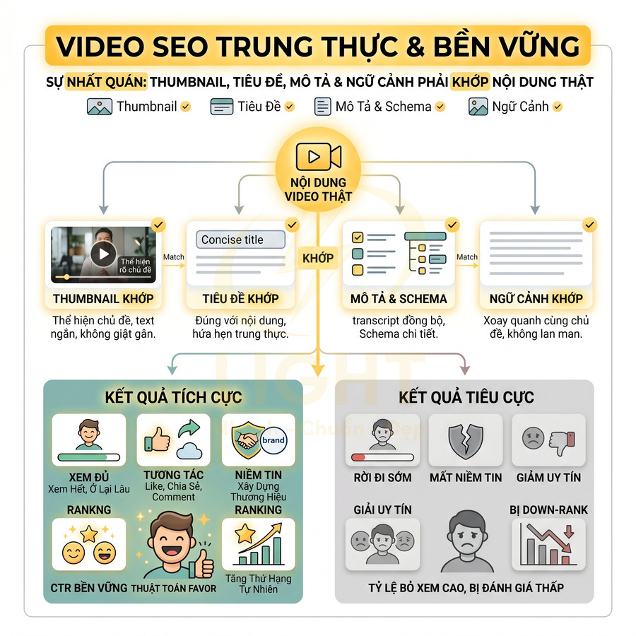 Infographic hướng dẫn tối ưu SEO video trung thực với thumbnail, tiêu đề, mô tả và ngữ cảnh khớp nội dung