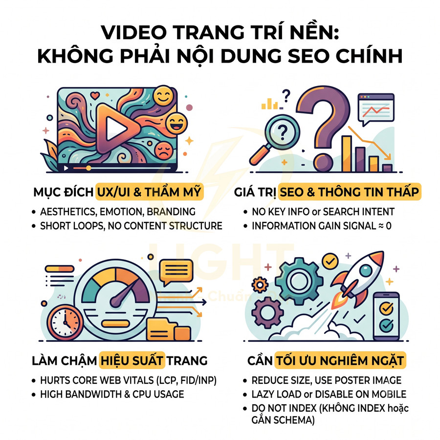 Infographic về tác hại của video trang trí nền đối với SEO và hiệu suất website, kèm gợi ý tối ưu video nền