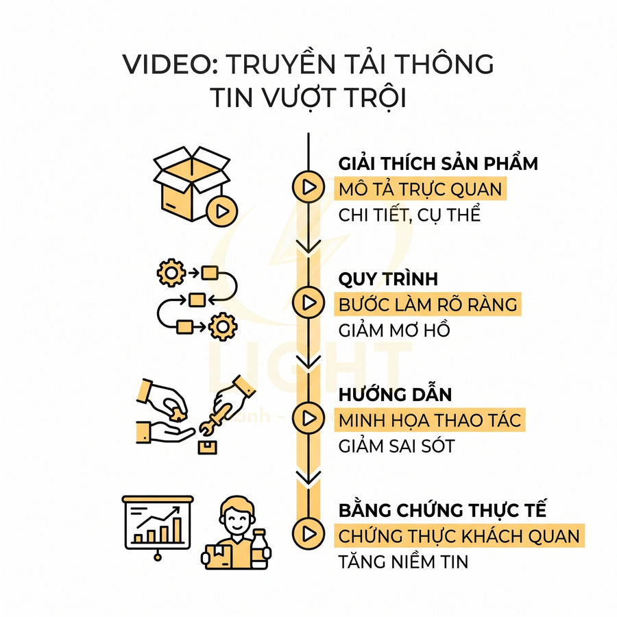 Infographic lợi ích video marketing trong giải thích sản phẩm, quy trình, hướng dẫn và bằng chứng thực tế