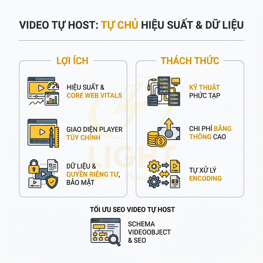 Infographic so sánh lợi ích và thách thức khi tự host video, kèm gợi ý tối ưu SEO video tự host