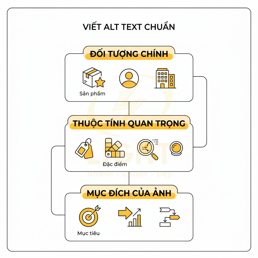 Sơ đồ hướng dẫn viết alt text chuẩn với đối tượng chính thuộc tính quan trọng và mục đích của ảnh
