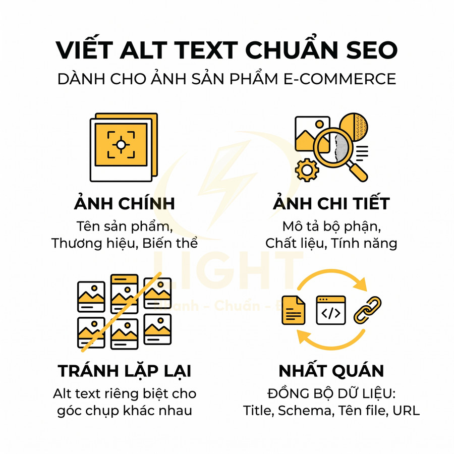 Hướng dẫn viết alt text chuẩn SEO cho ảnh sản phẩm e commerce với ví dụ minh họa trực quan