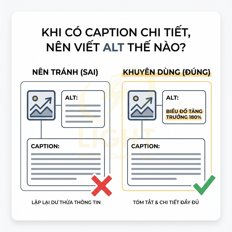 Hướng dẫn viết thẻ alt chuẩn SEO khi đã có caption chi tiết, so sánh cách sai và cách đúng