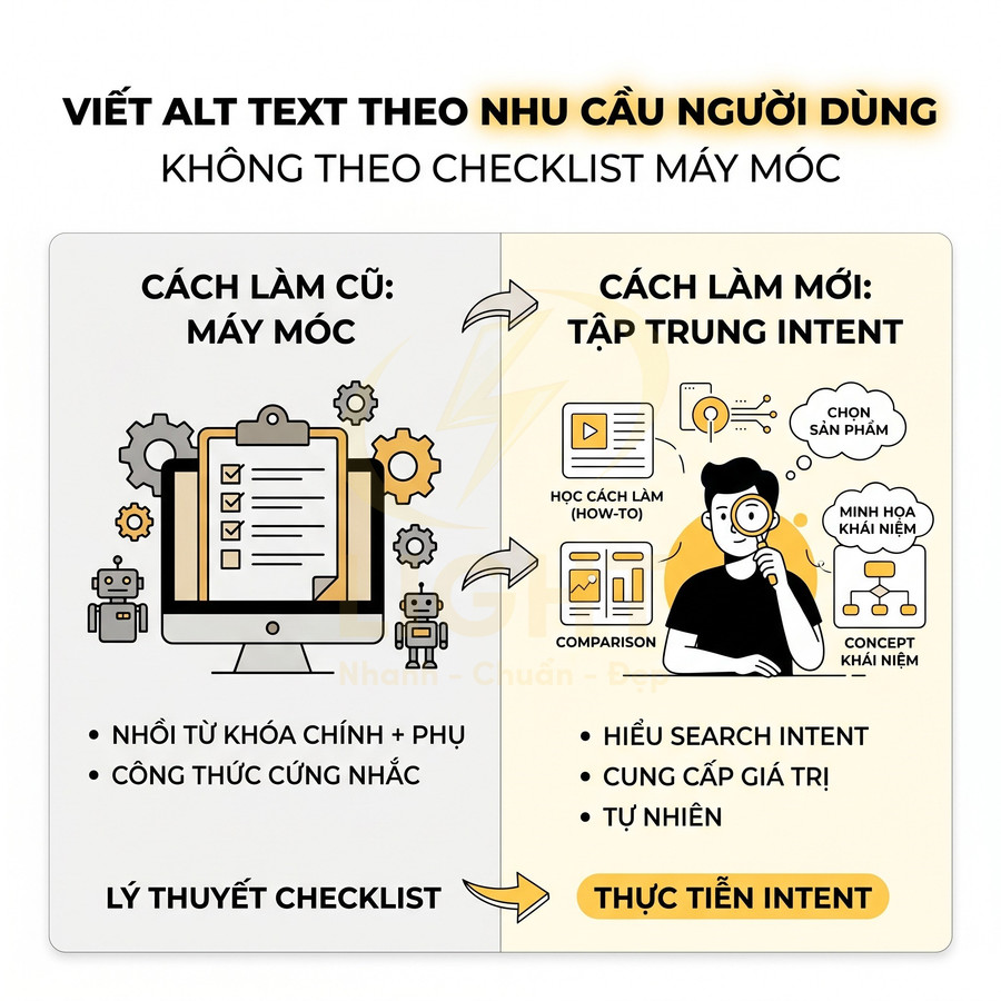 Hướng dẫn viết alt text chuẩn SEO tập trung nhu cầu người dùng và search intent thay vì checklist máy móc