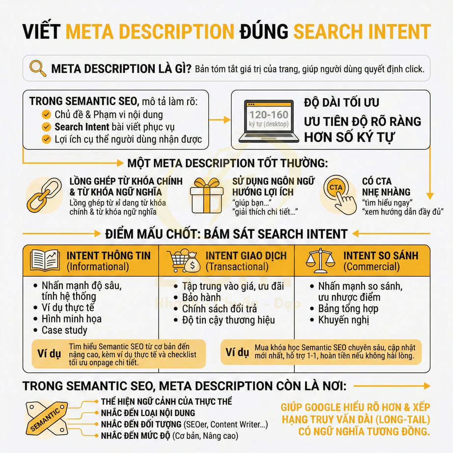 Hướng dẫn viết meta description chuẩn SEO bám sát search intent với ví dụ cho informational transactional commercial