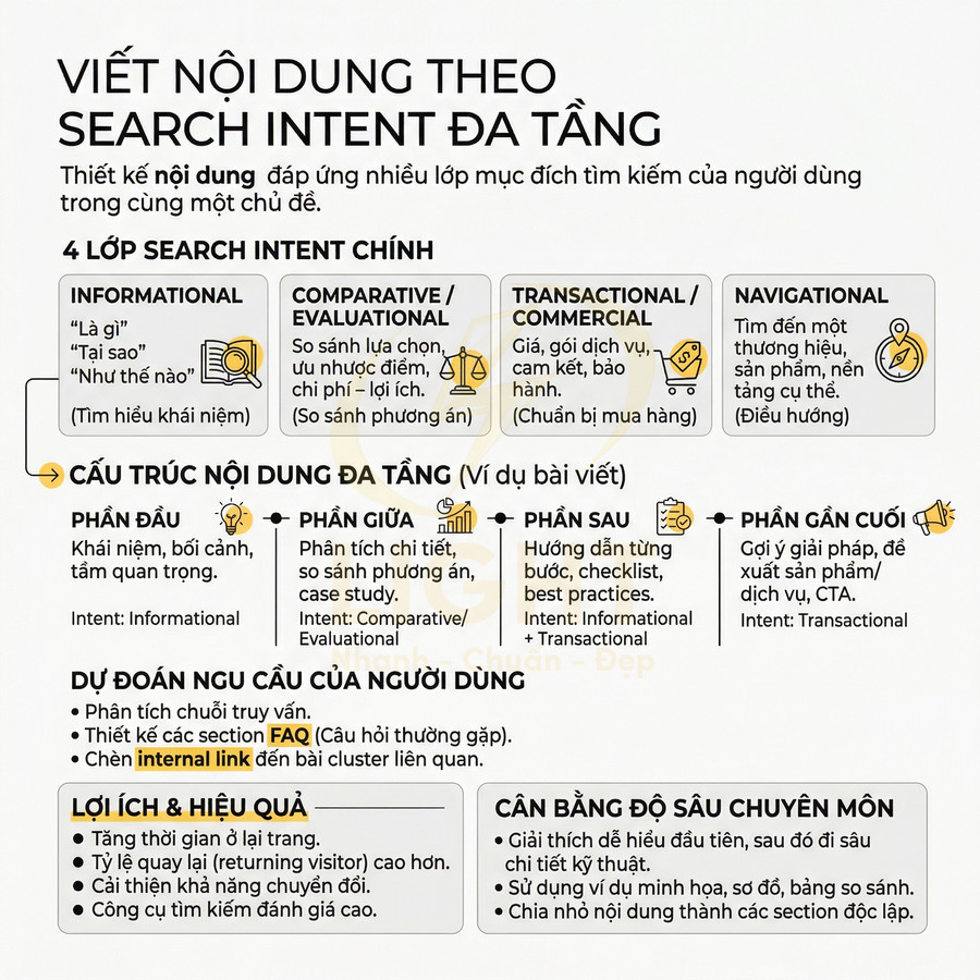 Hướng dẫn viết nội dung theo search intent đa tầng với 4 loại ý định tìm kiếm và cấu trúc bài viết chi tiết