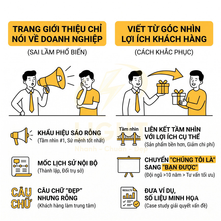 Infographic so sánh trang giới thiệu doanh nghiệp và cách viết tập trung lợi ích khách hàng trong marketing