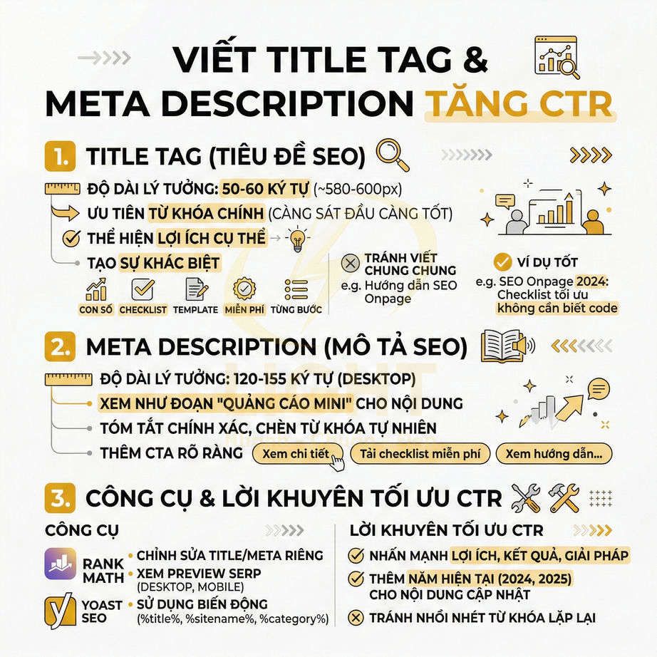Hướng dẫn viết title tag và meta description chuẩn SEO để tăng CTR với checklist và mẹo tối ưu chi tiết