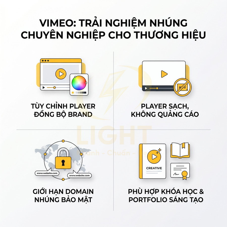 Ưu điểm Vimeo cho thương hiệu với player tùy chỉnh, không quảng cáo, giới hạn domain và phù hợp khóa học, portfolio