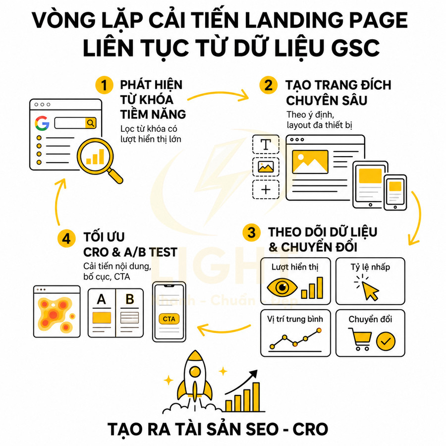 Quy trình tối ưu landing page liên tục từ dữ liệu GSC để tăng SEO và CRO qua 4 bước phân tích và thử nghiệm