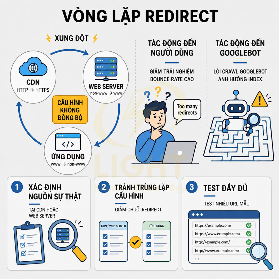 Infographic giải thích vòng lặp redirect, xung đột cấu hình CDN web server ứng dụng và cách khắc phục cho SEO