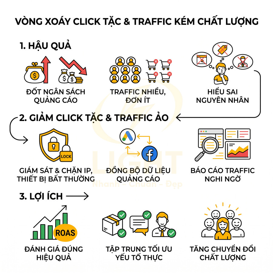 Sơ đồ vòng xoáy click tặc và traffic kém chất lượng cùng giải pháp giảm click ảo, tối ưu quảng cáo và tăng chuyển đổi