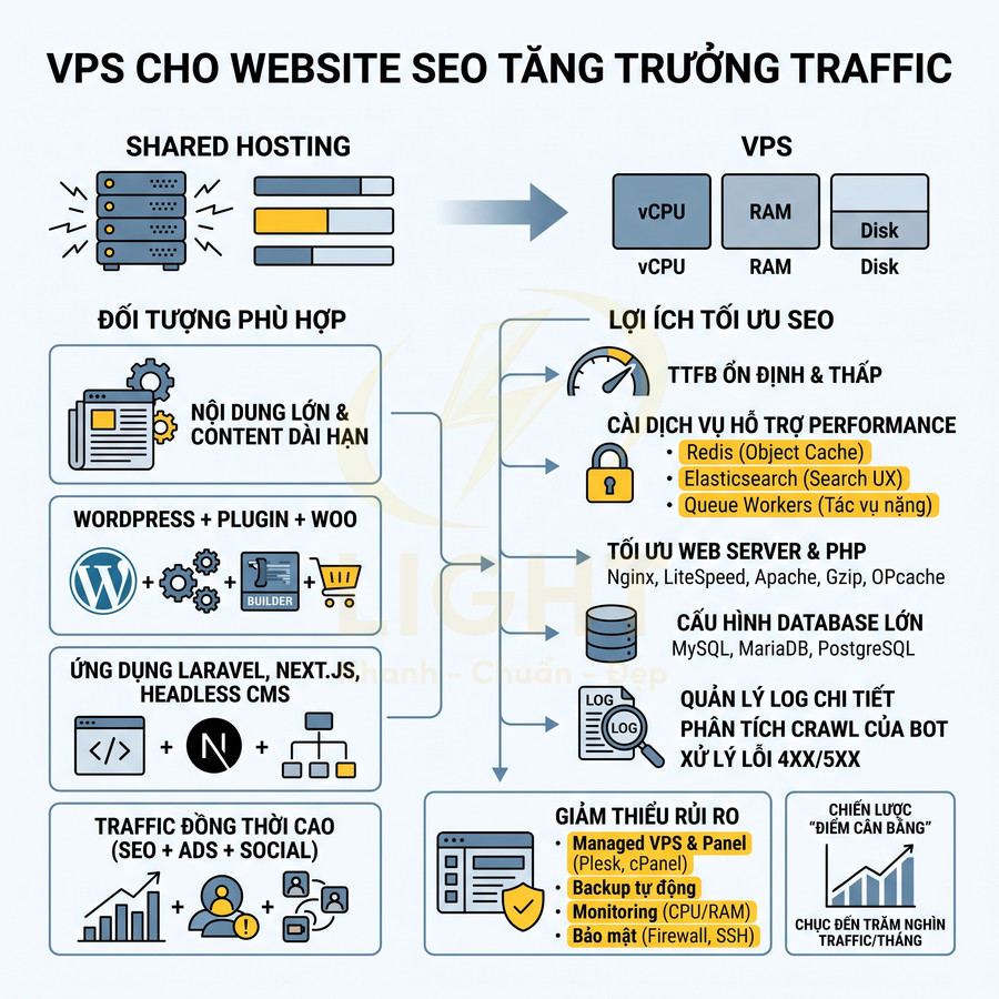 Infographic so sánh shared hosting và VPS cho website SEO, nêu lợi ích tối ưu hiệu suất và tăng trưởng traffic