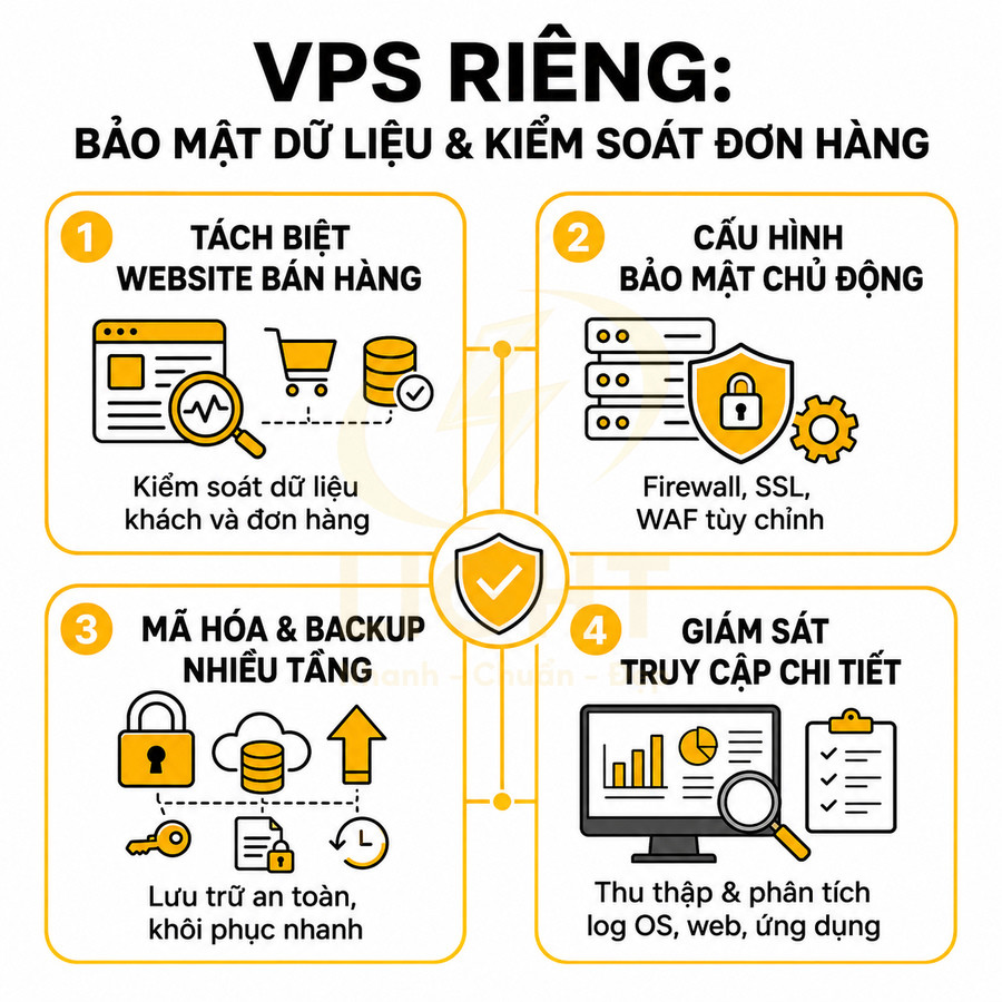 Infographic giới thiệu VPS riêng với 4 tính năng bảo mật dữ liệu và kiểm soát đơn hàng cho website bán hàng