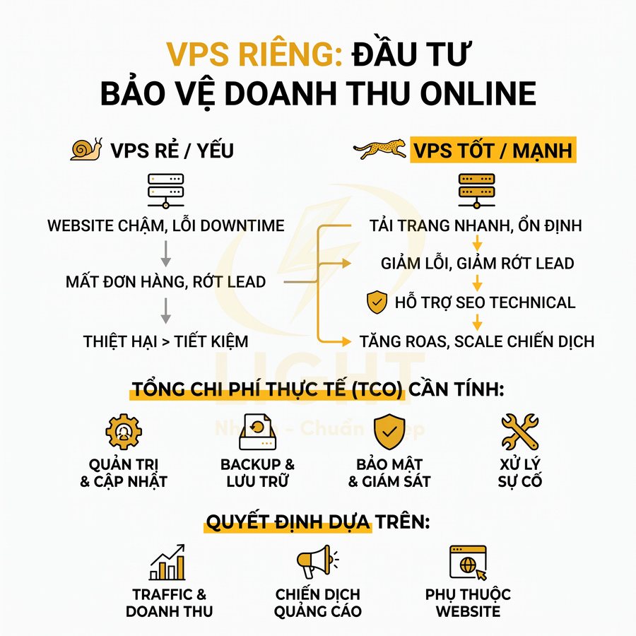 Infographic so sánh VPS rẻ và VPS mạnh, nêu lợi ích VPS riêng cho hiệu suất và doanh thu website online