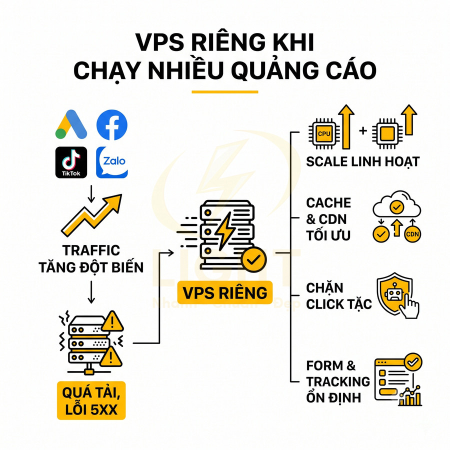 VPS riêng cho chạy nhiều quảng cáo, chịu traffic tăng đột biến, scale linh hoạt, cache CDN tối ưu, chặn click tặc
